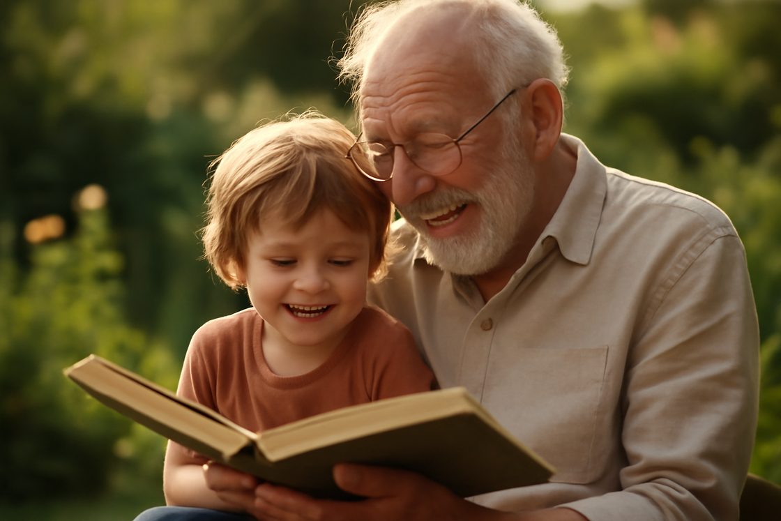 Un grand-père lit avec son petit-enfant