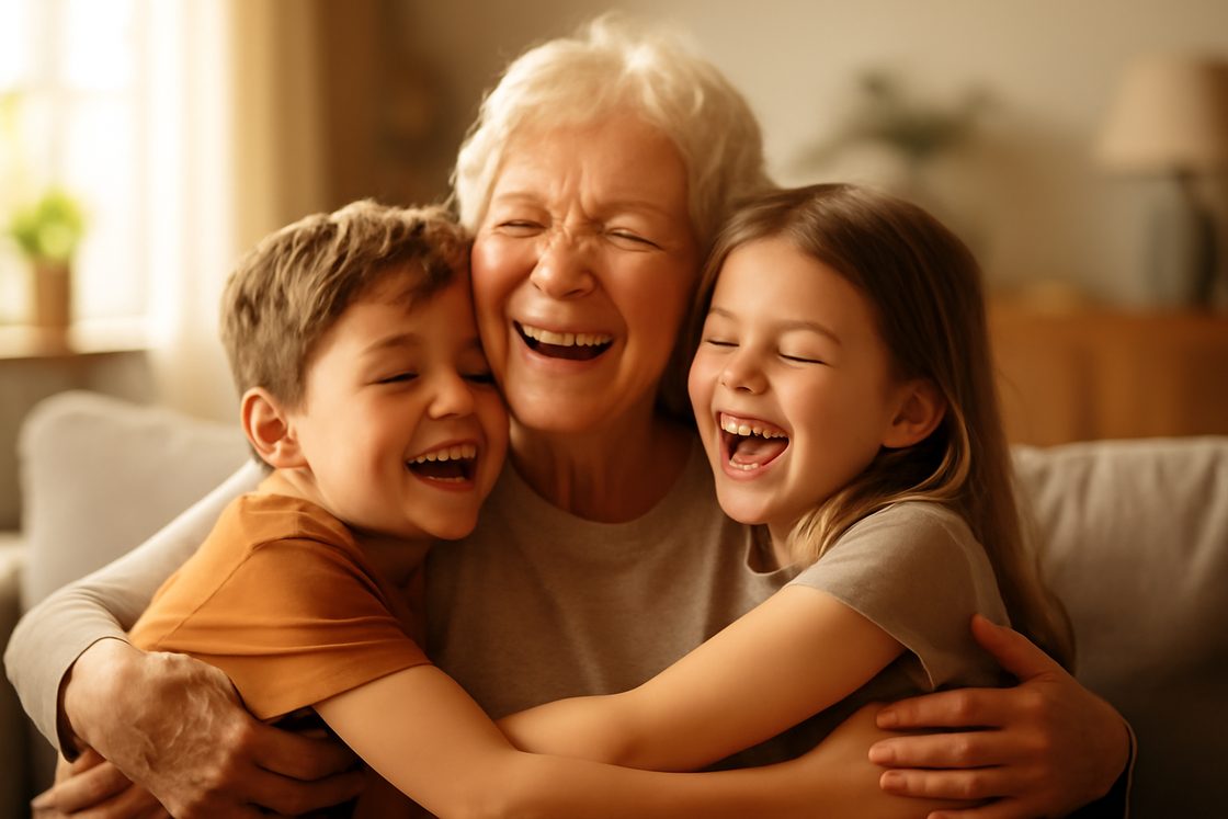 Des petits-enfants enlacent leur grand-mère