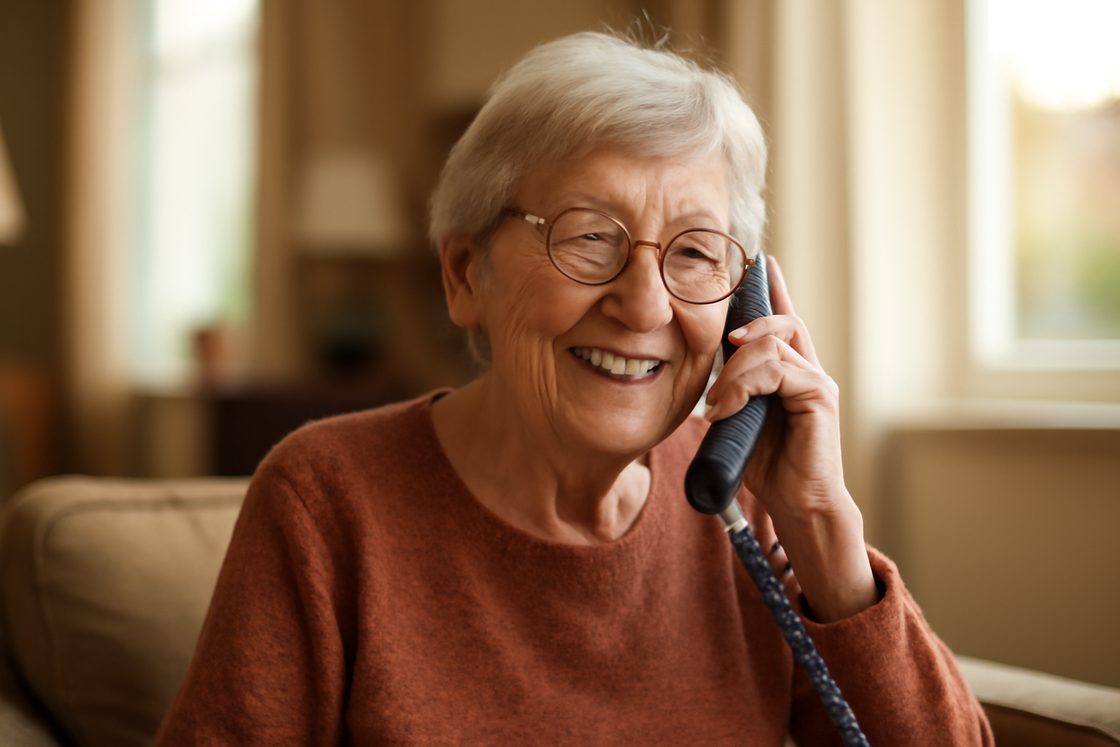 Une aînée souriante au téléphone avec Lorie